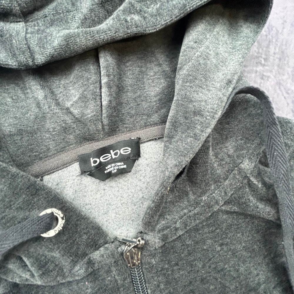Bebe Vintage Y2K Velour Rhinestone Logo Zip Up Hoodie Charcoal Grey Small - Picture 3 of 6